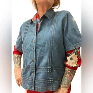 Vintage Top Women's Large Cotton Blue Denim Granny Classic boxy Retro 90s